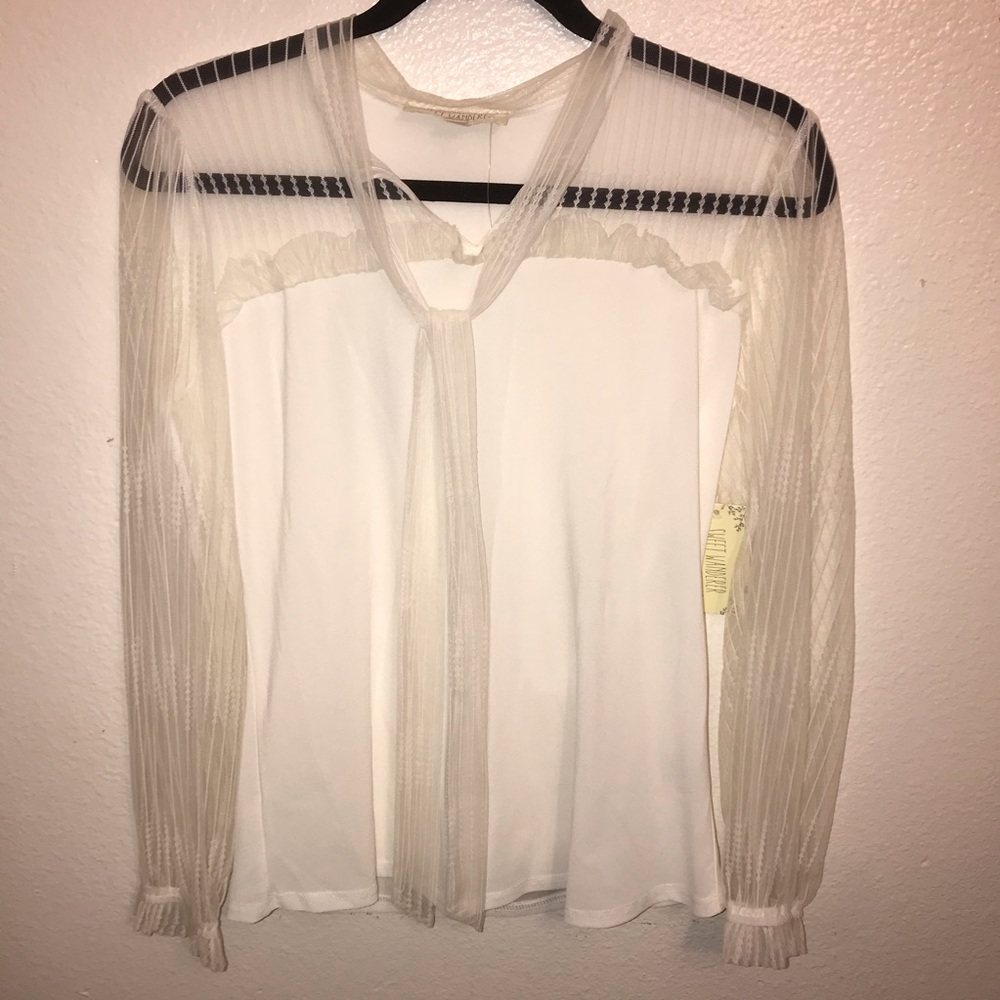 NWT Sweet Wanderer White Mesh Sleeve Blouse with Tie Neck